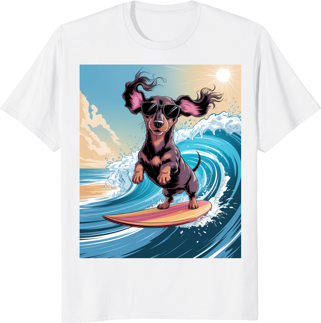 Funny dachshund dog surfing ocean waves on a t‑shirt - white