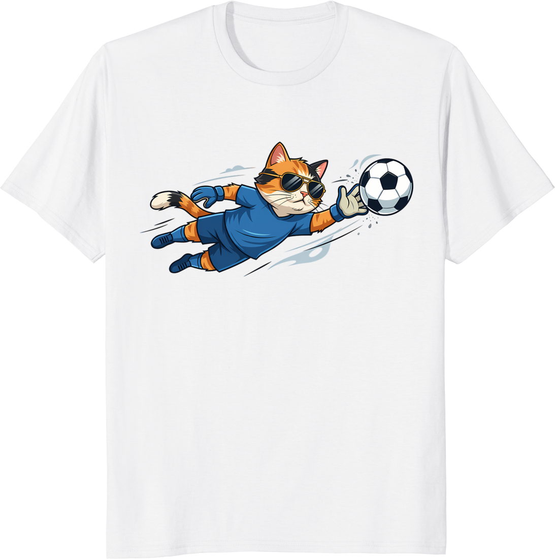 Cartoon cat wearing goalkeeper kit and sunglasses on a t-shirt - white