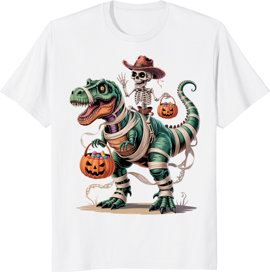 Cowboy skeleton riding a T‑Rex mummy dinosaur on a t‑shirt - white
