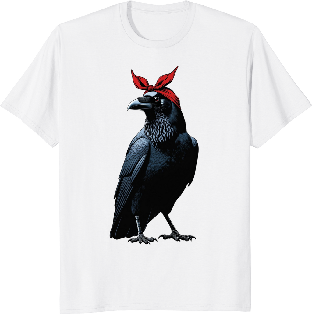 Crow mother wearing a red bow bandana on a t-shirt - white