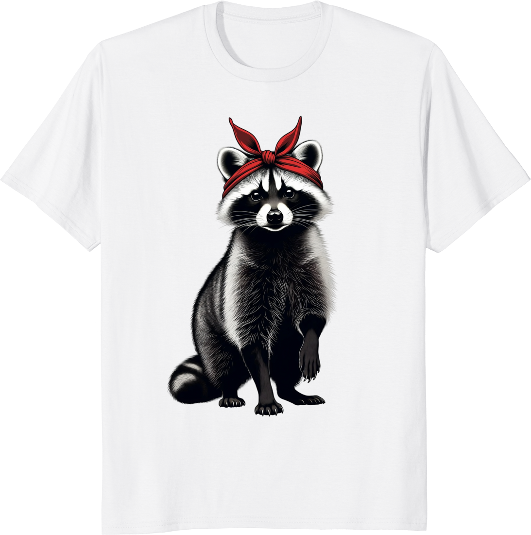 Raccoon mom wearing a red bow bandana on a t-shirt - white