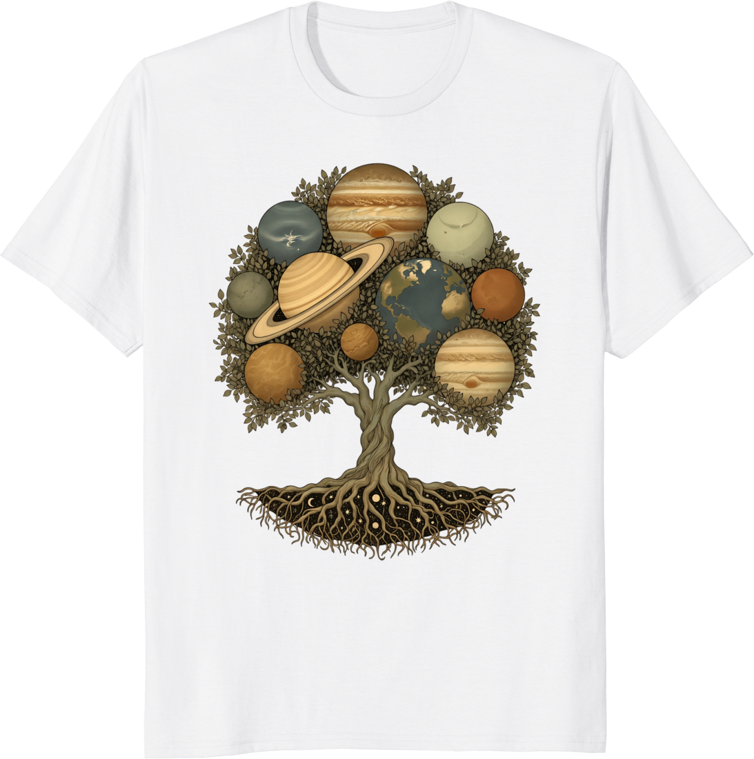 Vintage Celestial World Tree Solar System T-Shirt design featuring a tree with planets - white