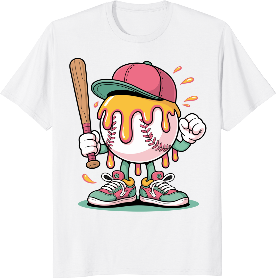 Funny ice cream drip baseball t-shirt design with baseball spots - white