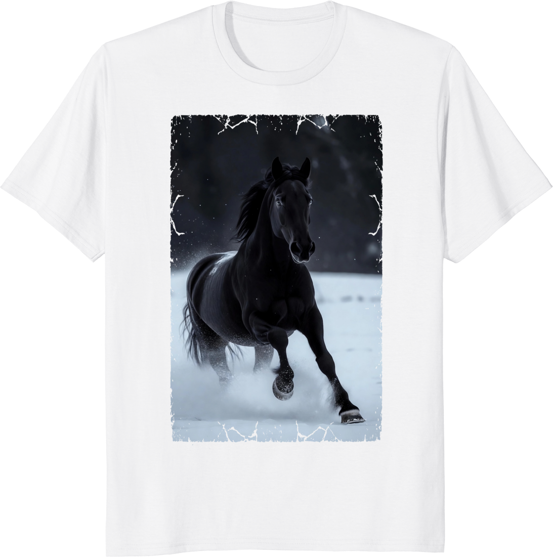 Black horse running through snowy landscape on a t-shirt print - white