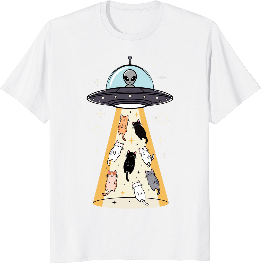 Funny UFO and cats t-shirt with whimsical flying saucer and playful feline illustration. - white